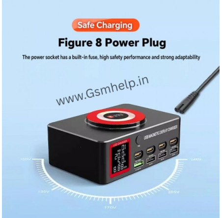 YCS S500 140W 8-Port Multi USB Charger with Display PD 100WQCLCD 15W Magnetic Wireless Charging Station for Phones Fast Charging Tools