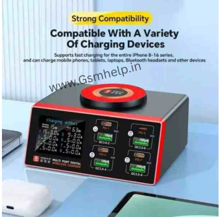 YCS S500 140W 8-Port Multi USB Charger with Display PD 100WQCLCD 15W Magnetic Wireless Charging Station for Phones Fast Charging Tools